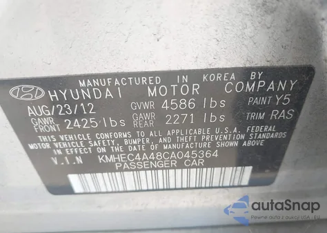 2012 Hyundai Sonata Hybrid z USA, uszkodzony, nr VIN KMHEC4A48CA045364